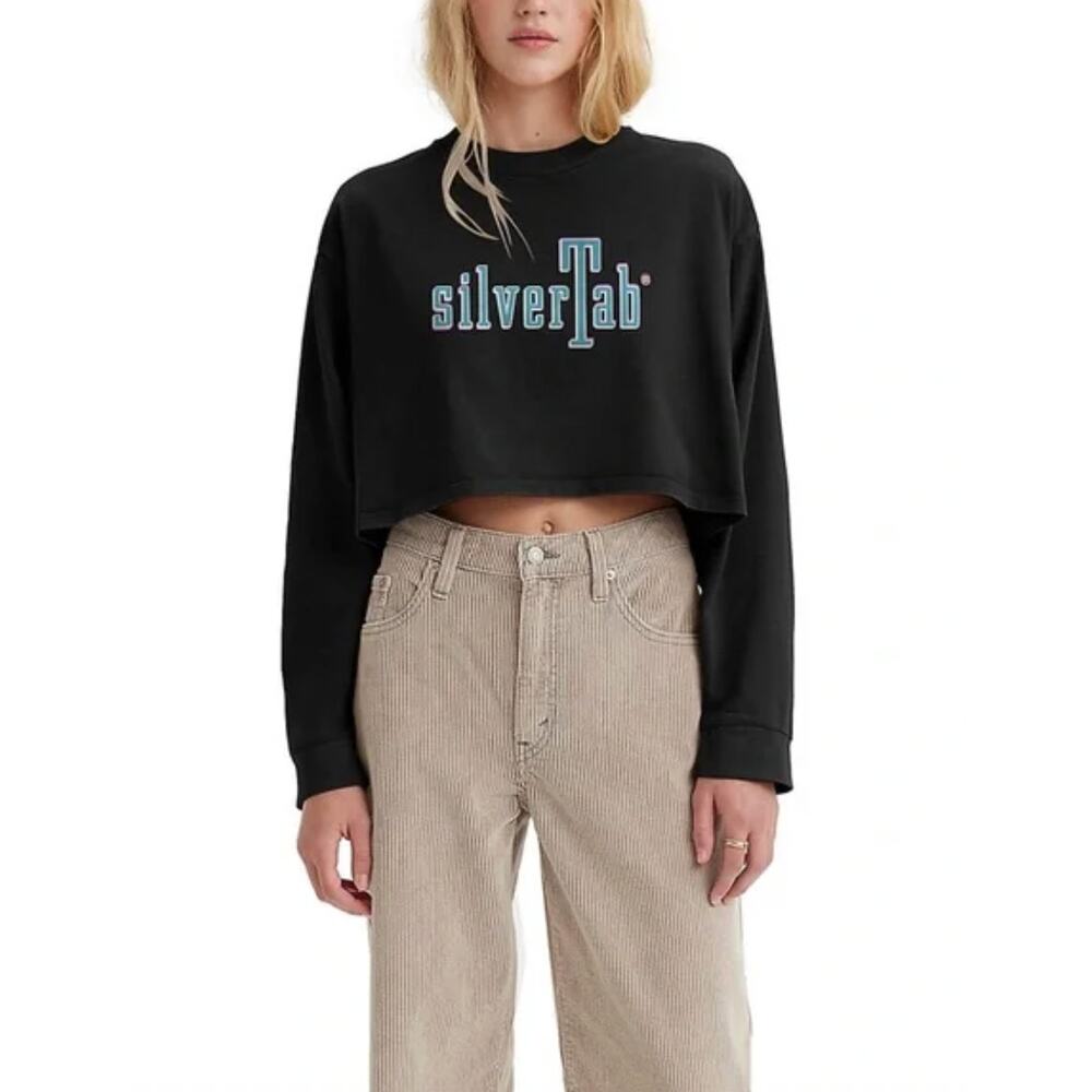 Levi's Silver Tab Black Long Sleeve Crop Top Tee Size Large Graphic Tee